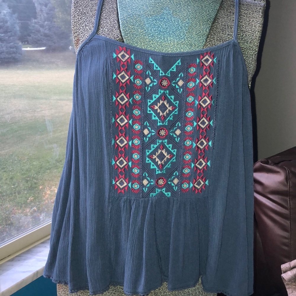 Blue boho spaghetti strap Aztec stitch tank top